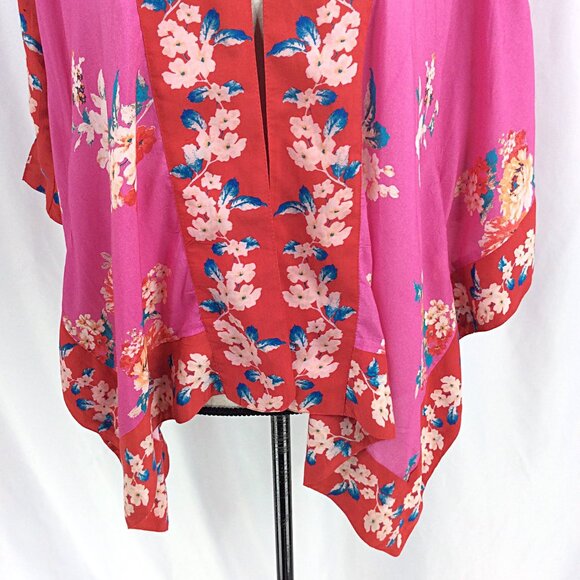 Mahila Kimono Cardigan OS Floral Pink Red Open Front Flowy Modal - Picture 6 of 10